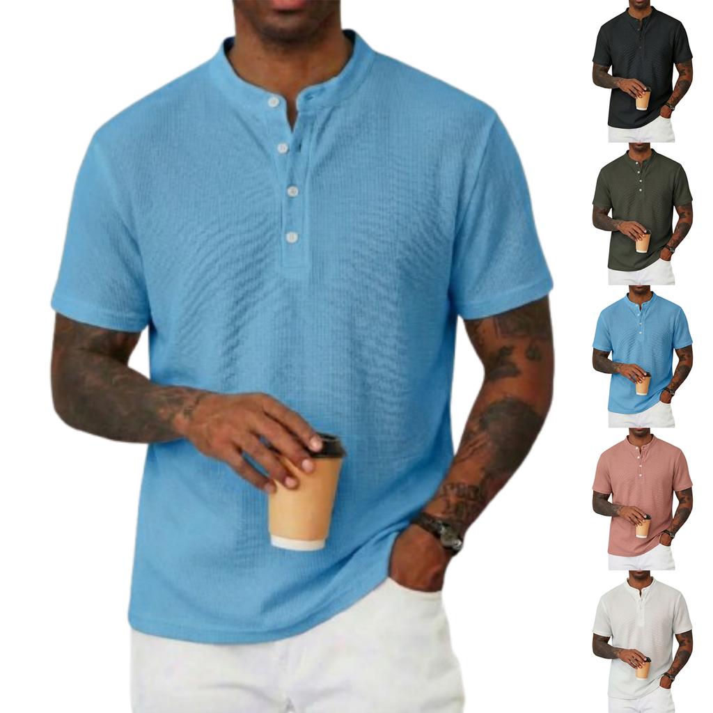 Men Henley Collar Short Sleeve T Shirt Ribbed Knit Button Placket Casual Fit Lightweight Top