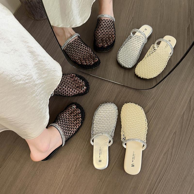 2025 Summer New Fishing Net Surface Hollow Rhinestone Bag Head Half Slippers Women Wear Flat Casual Beach Cool Slippers