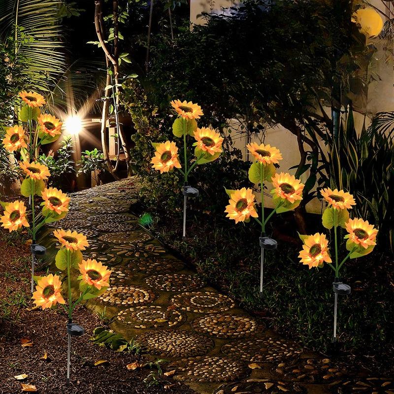 Solarbetriebene 3-Kopf-Sonnenblumen-Dekorationsleuchte, Wasserdichte Außenleuchte für Garten, Hof, Rasen, Atmosphären-Dekorationsbeleuchtung