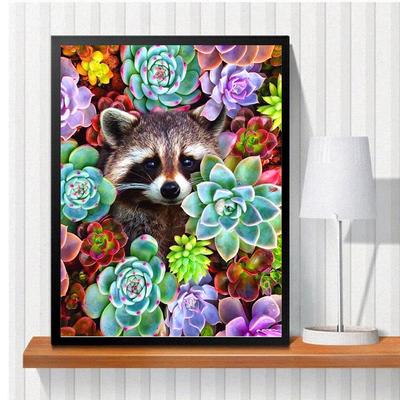 5D Diy Diamond Painting Cute Flower Bush Raccoon Cross Stitch Set Full Diamond Embroidery Mosaic Art Picture of Rhinestones Decor Gift