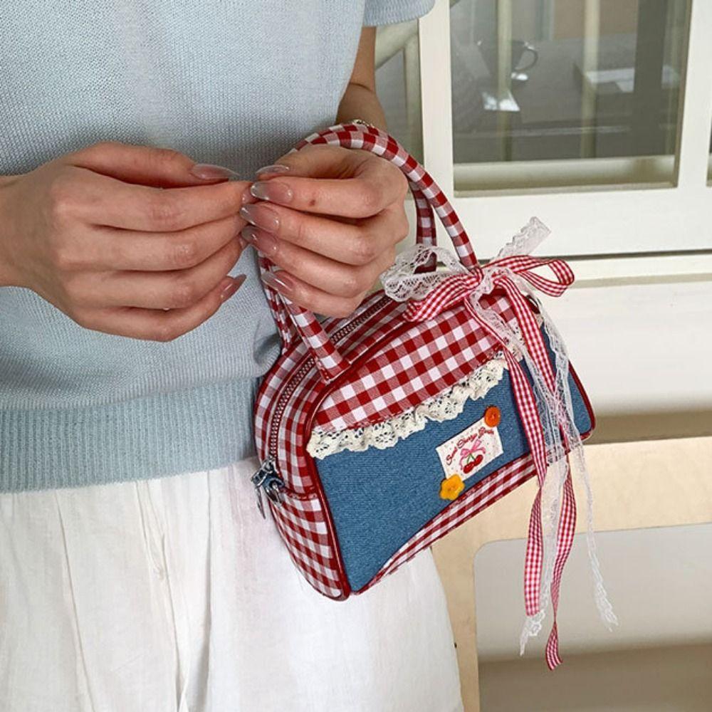 Rural Style Lattice Bowling Bag Lovely Sweet Crossbody Bag Vintage Denim Plaid Handbag  Travel