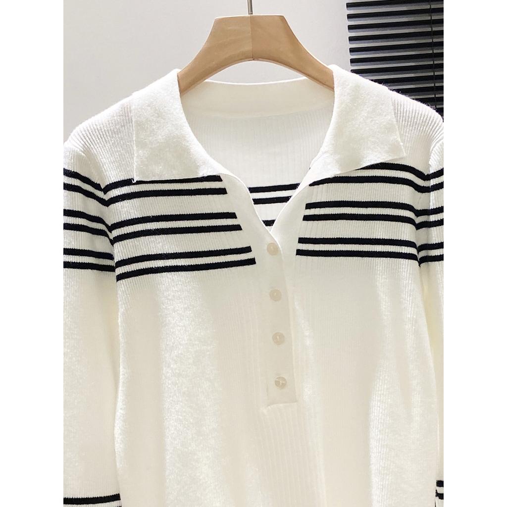 Black and White Contrasting Stripes Polo Lapel Long-sleeved Shirt Women's Spring and Autumn Slim-fit Temperament Knitted Top Cardigan