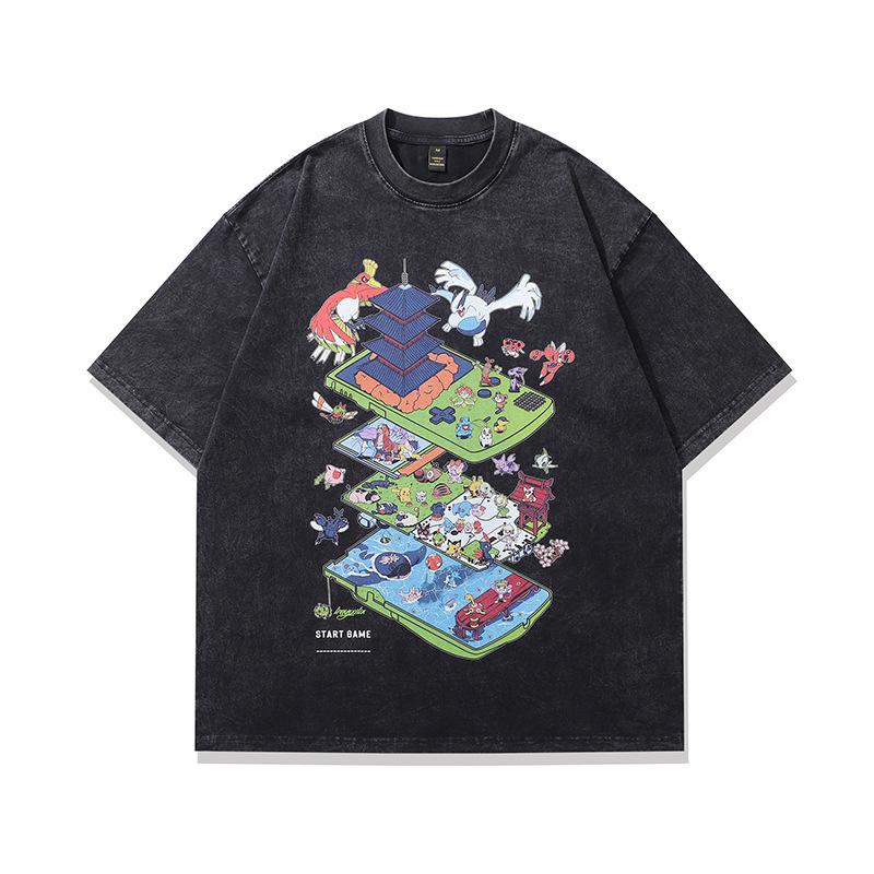 Shirt Short Sleeve Loose Men'S Men'S Shirt Washed T Street Summer Printing Cartoon T Straight Cotton