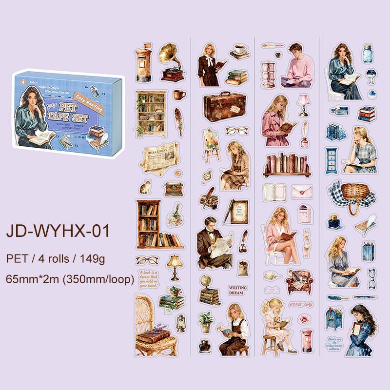 

JIANWU 4 Rolls/set Literary Echo Series Vintage Character Coffee Landscape Material Collage PET Tape Creative Journal Stationery