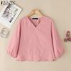 ZANZEA Women Casual V-Neck Solid Color Loose 3/4 Sleeve Blouse