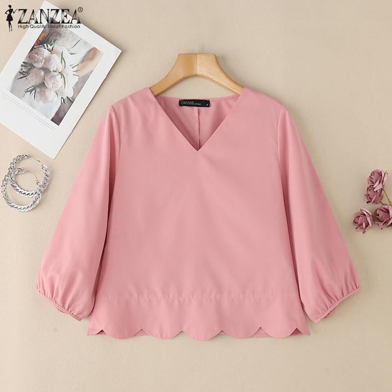 ZANZEA Women Casual V-Neck Solid Color Loose 3/4 Sleeve Blouse