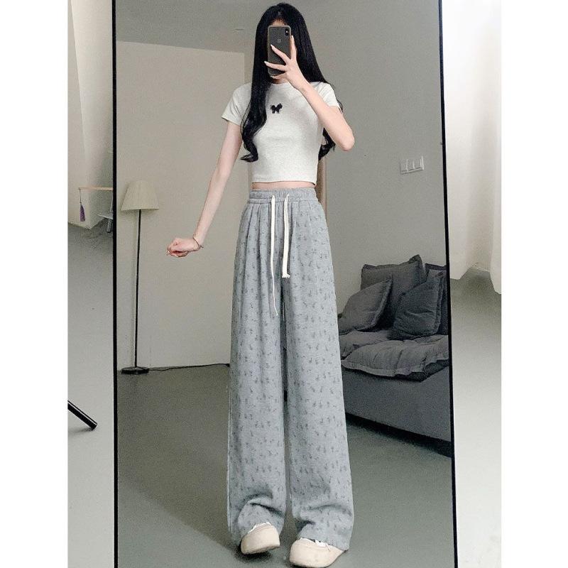 Women's Floral Spring Wide-Leg Sweatpants: High-Waist, Loose, Casual, Straight-Leg Pants