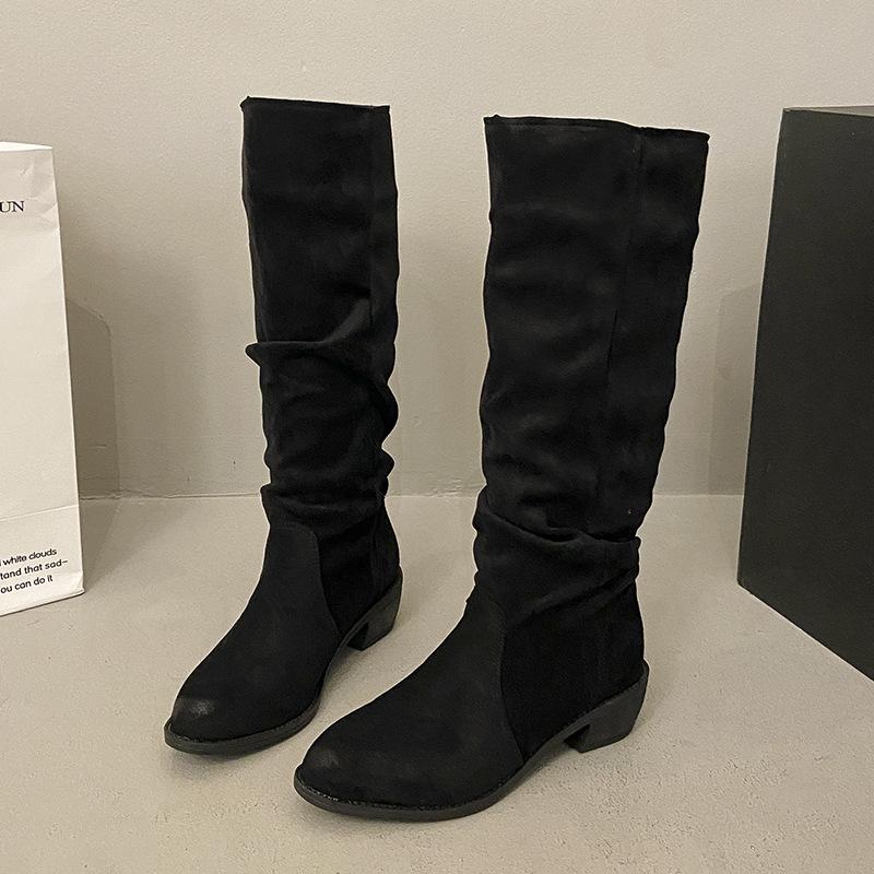 But Knee Pleated Boots Women's 2025 New British Style Fashion Temperament Western Cowboy Boots Thick Heel Knight Boots