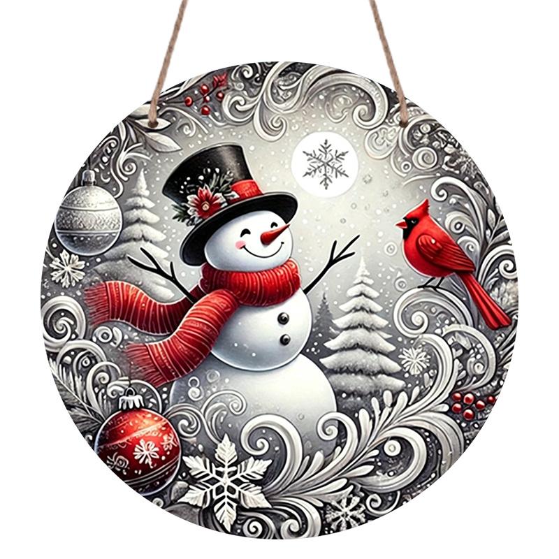 2D Flat, 1pc Winter Round Aluminum Sign, Snowman Round Wall Decor with Red Bird Rustic Metal Wall Art, Festive Metal Wall Art Decor, Wall Decor Signs