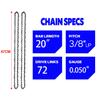 20 Inch Metal Chainsaw Chain 3/8" LP Saw Chain 72 Drive Link Electric Saw Replacement Chainsaw Saw Chain