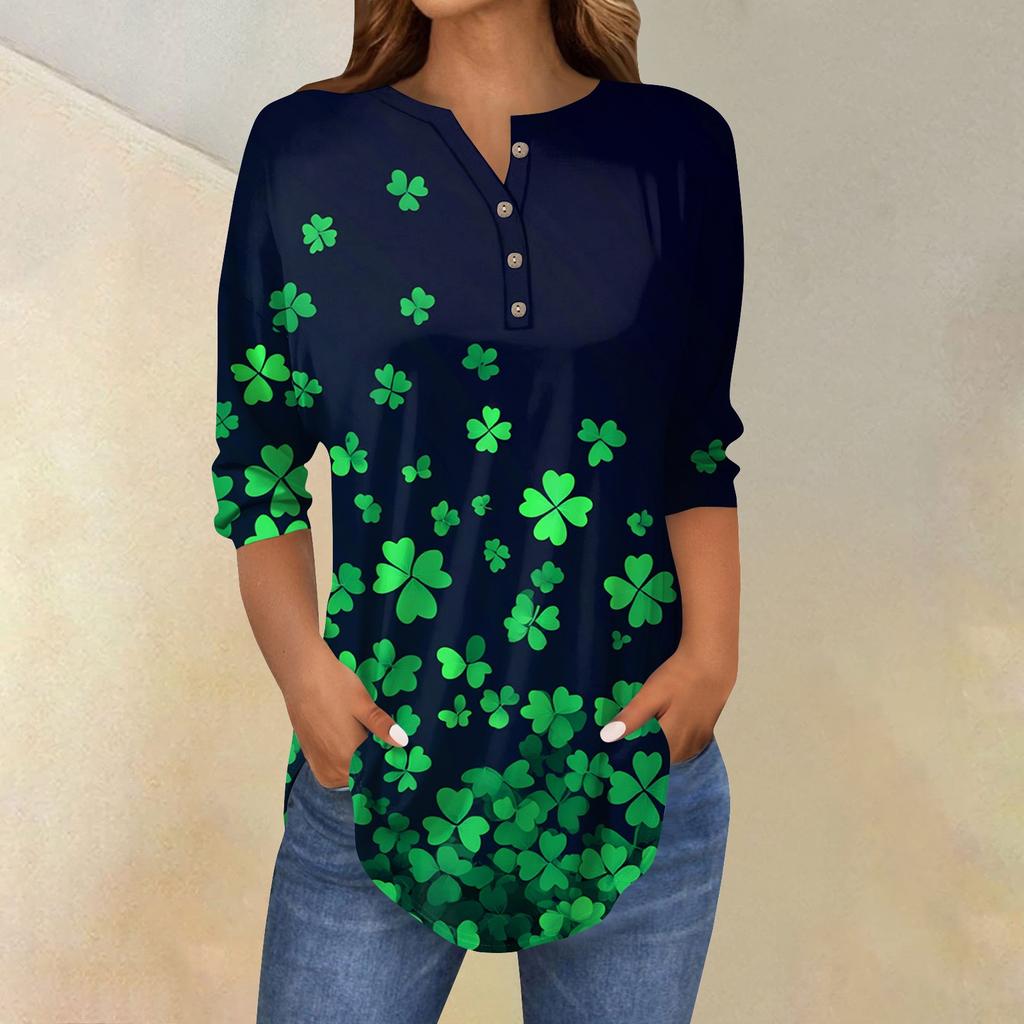 3/4 Ärmel Damen Tops Sommer T-Shirts Print V-Ausschnitt Casual Basic Tee Button Shirts Tunika Tops St. Patrick's Day