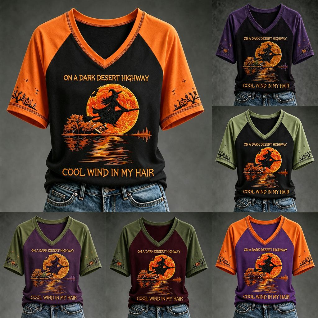 Women's Fashion Casual Halloween Print T-Shirt Neck Pullover Top for Fall Outfits