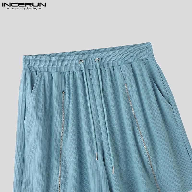 INCERUN Men Drawstring Elastic Waist Side Zip-up Casual Rib Shorts Pants Home Wear