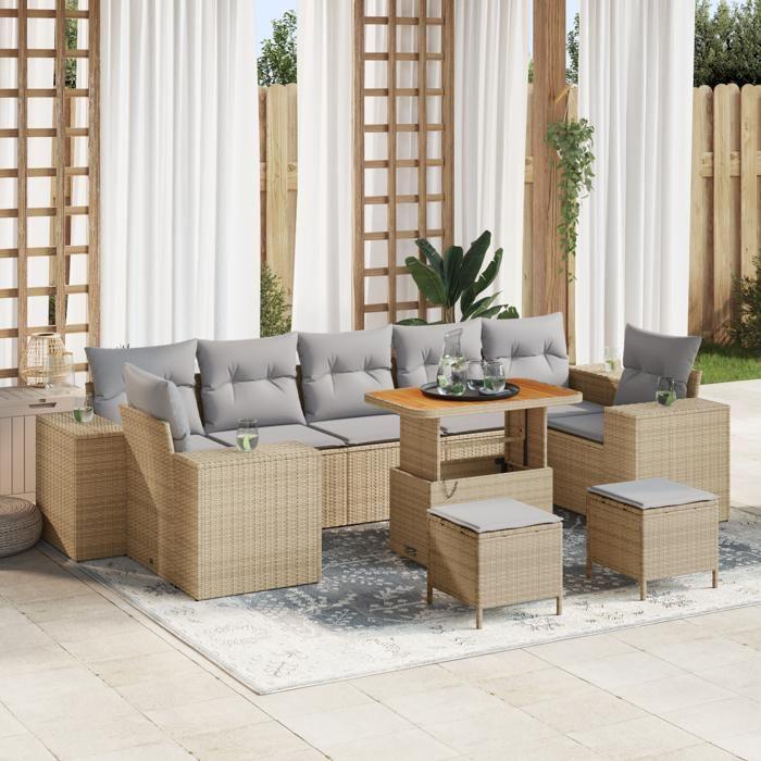 VidaXL Ensemble de Canapés de Jardin 10 Pièces avec Coussins Beige Rotin Poly Acacia 3361992