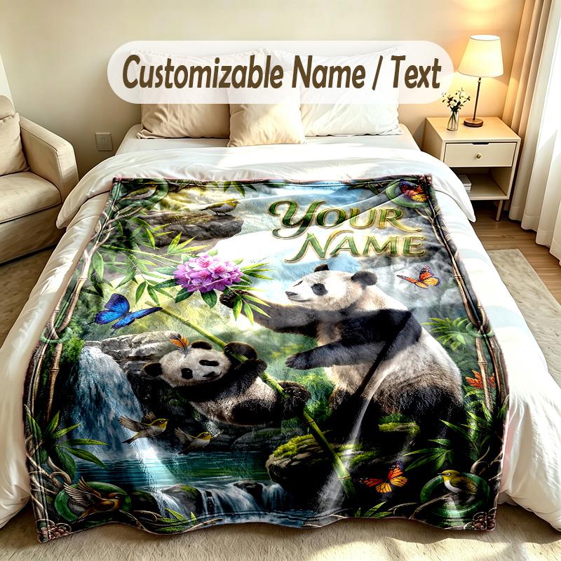 Bear Panda Theme Soft Blanket Personalized Custom Name Text Print Warm Blanket Home Sofa Bedroom Decor