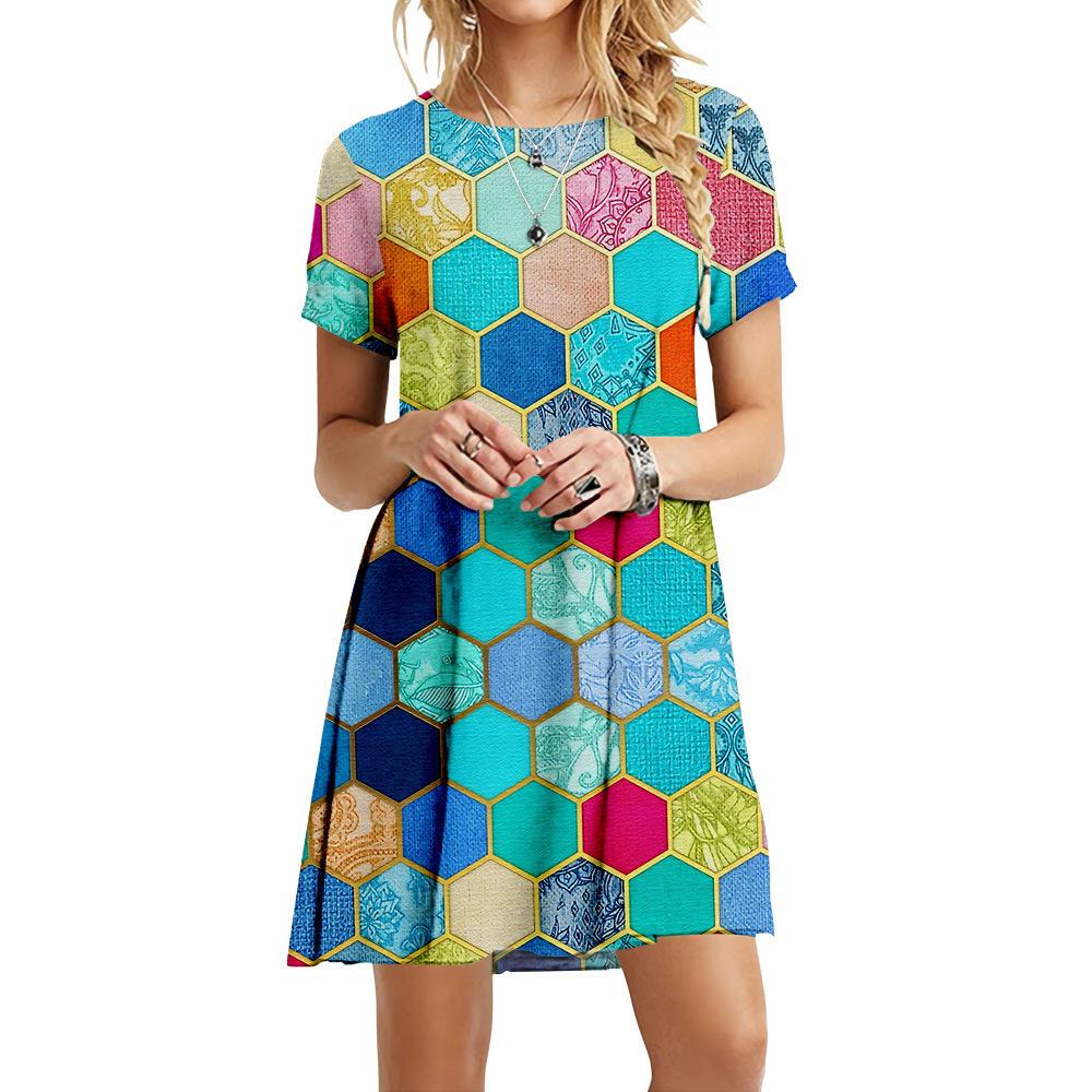S-6XL Übergröße Mode Damen 3D Geometrischer Druck Kleid Lässig Rundhals Kurzarm Kleid Sommer Locker Mini Kurzes Kleid