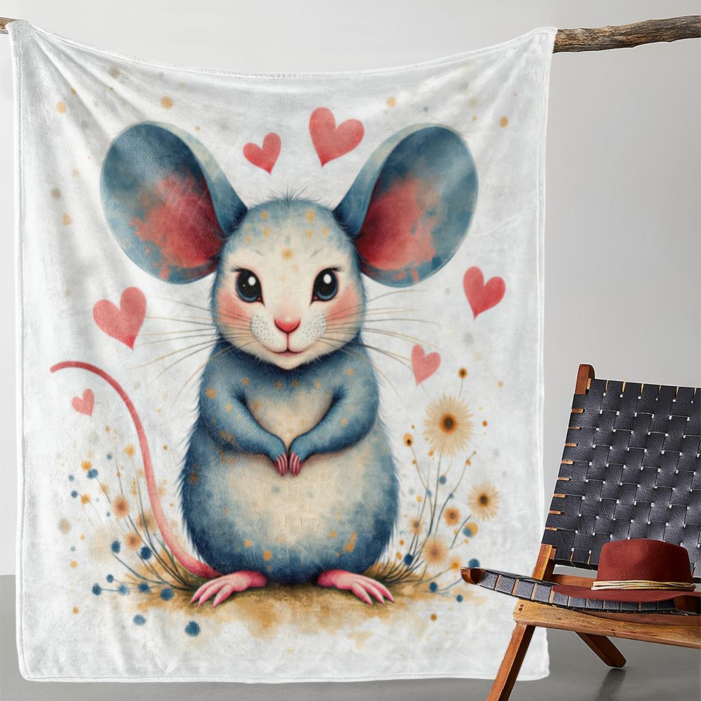 1pc Vintage-Style Flannel Blanket with Adorable Mouse & Daisy Print - Soft Polyester, Warm & Cozy for Sofa, Bed, Car