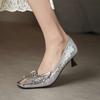Krazing Pot Sheep Skin Summer Spring Autumn Stiletto Med Heels Butterfly-knot Women Square Toe Shallow Pumps