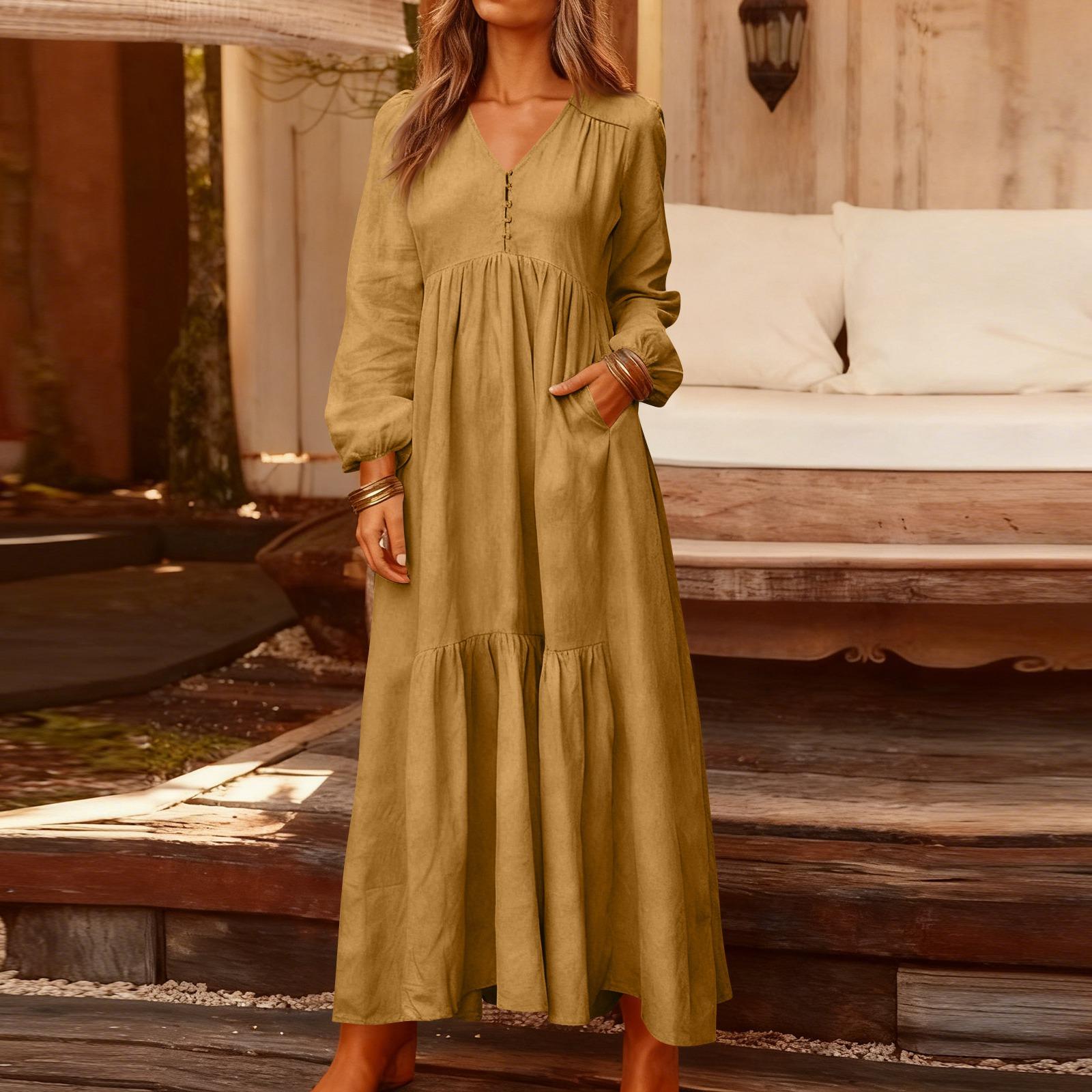 

Women s Fashionable Solid Color V-neck Long Sleeved Loose Button Cotton Linen Retro Large Swing Long Casual Dress XXL