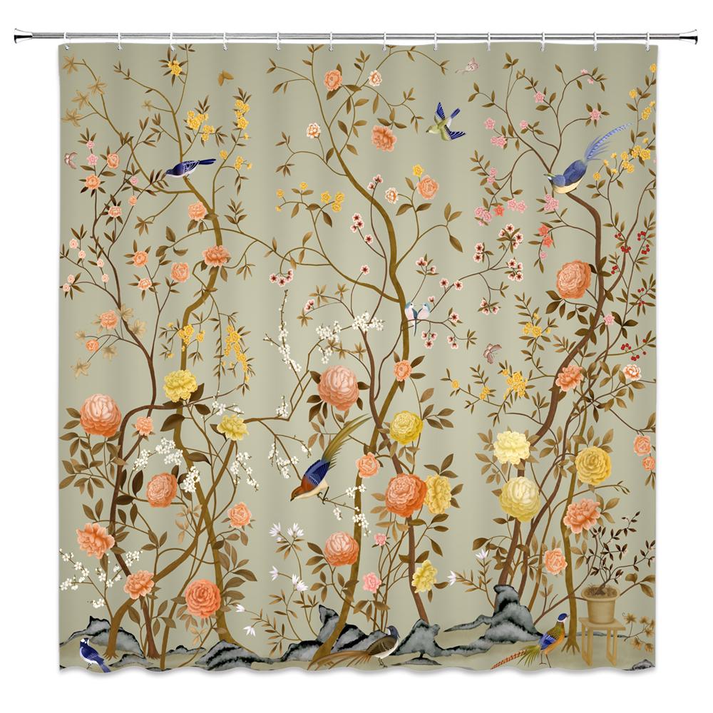 Chinese Style Flowers And Birds Waterproof Shower Curtain Set Toilet Seat Cover Bath Non-Slip Mat Rug Carpet Bathroom Decor