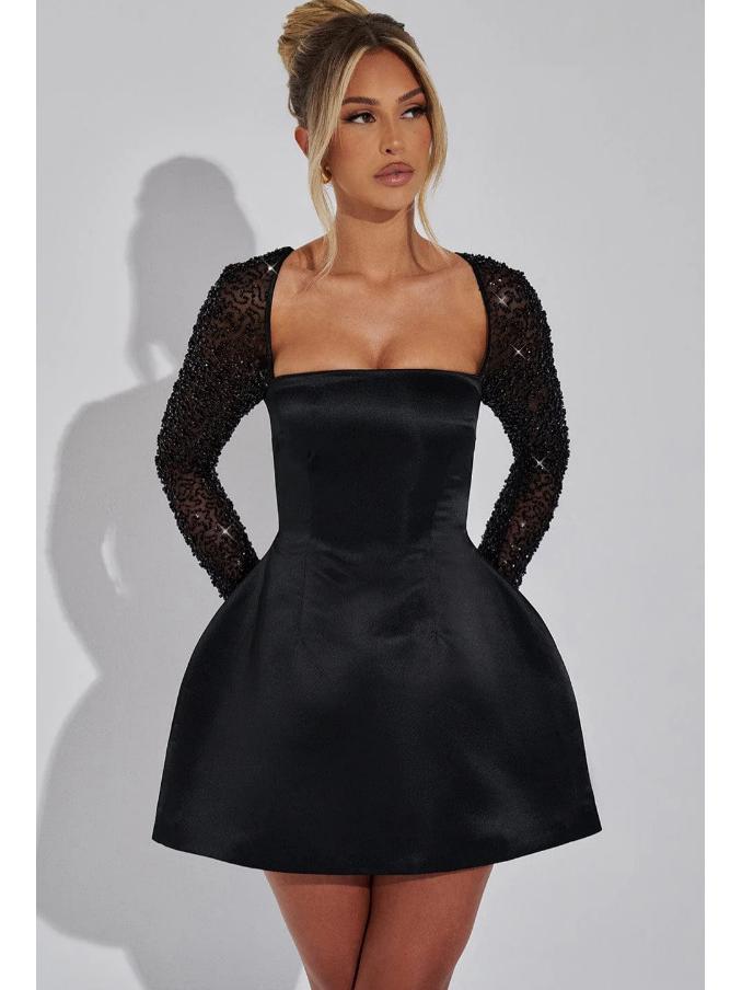 Elegant Solid Color A-Line Dress with Square Neck & Lace Patchwork - Winter 2024 Collection