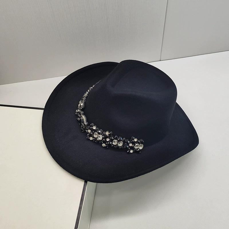 202511-shi ins chic autumn Britain Classic cowboy rhinestone chain flower polyester lady fedoras cap women panama JAZZ hat