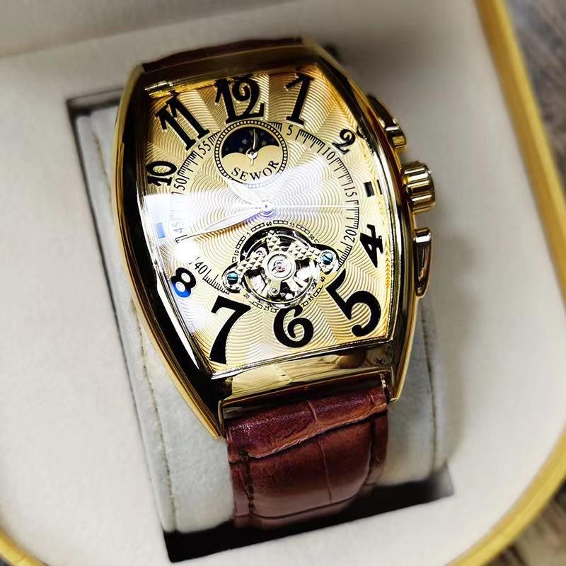 Men'S Mechanical Watch Waterproof Wine Barrel Type Hollow Belt Men'S Watch Personality Social Guy Watch Men