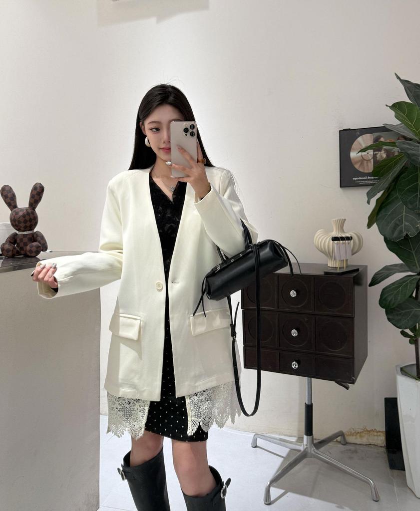 Korean V-Neck Mid-Length Patchwork Lace Suit Jacket for Women