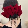 Beads Velvet Bow Hair Clip Tassel New Year Headwear Headdress Red Hairpin  Women