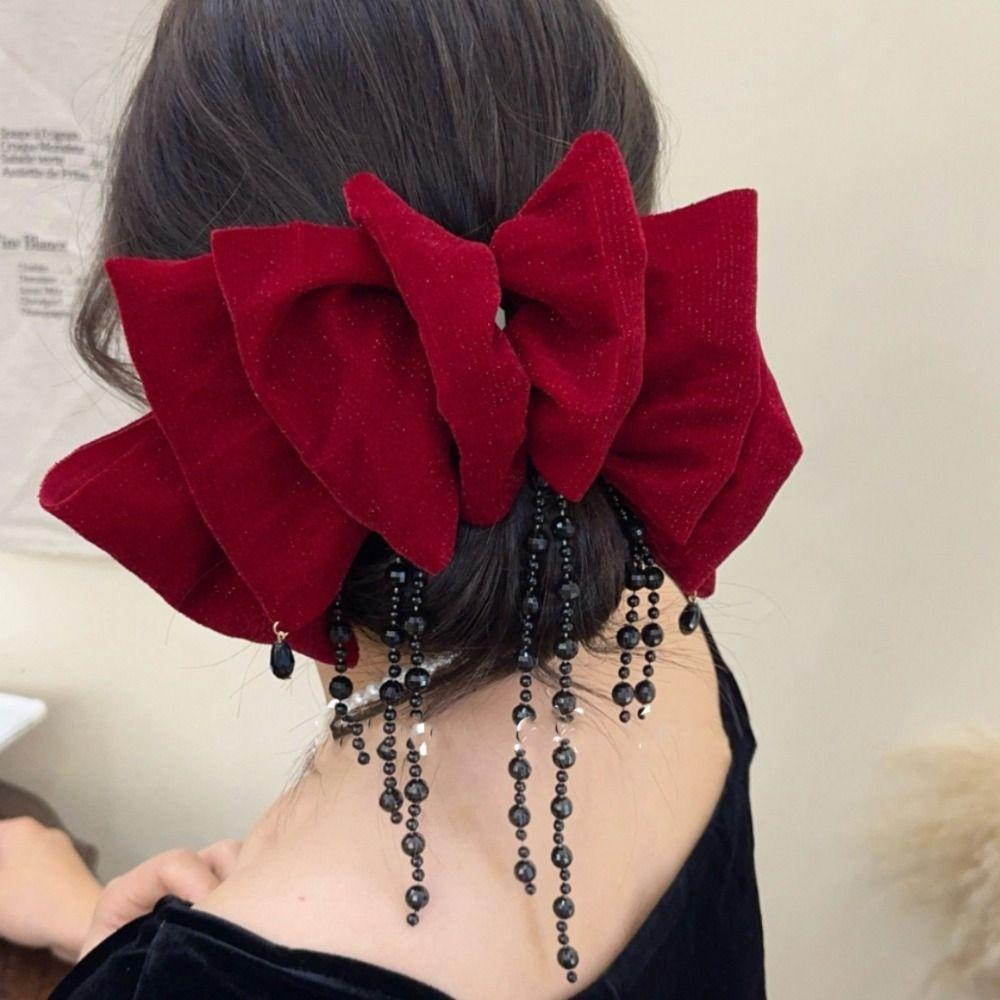 Beads Velvet Bow Hair Clip Tassel New Year Headwear Headdress Red Hairpin Women