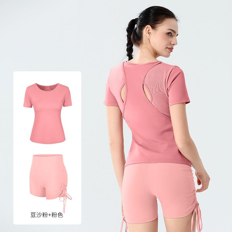 European and American spring and summer mesh splicing yoga suit women's short-sleeved tight fitness suit breathable quick-drying sportswear
