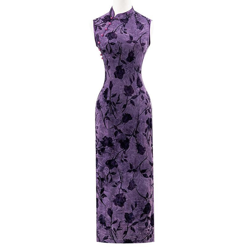 Purple Sleeveless Flocked Cheongsam 1011 New Summer New Chinese Style Improved Young Slim Daily Dress Women