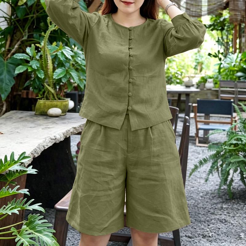 ZANZEA Damen Langarmbluse und Shorts Sommer Zweiteilige Anzugsets