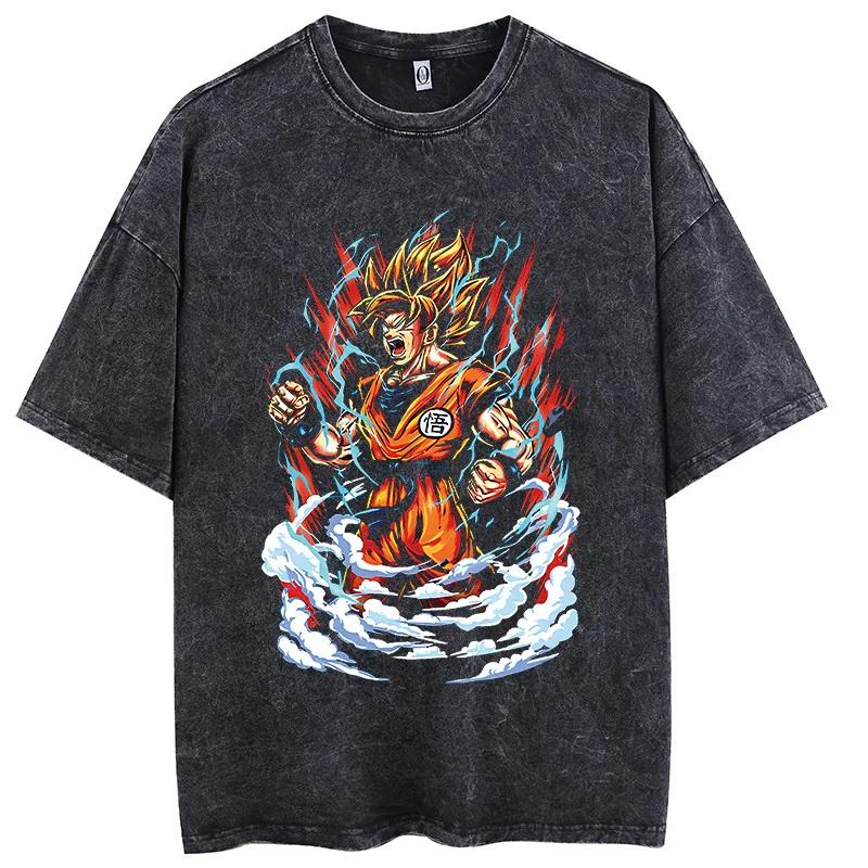 

Hip Hop Streetwear Men Washed Vintage Black Tshirt Anime Dragon Ball Print Oversized TShirt Summer Casual Loose Cotton T Shirt S