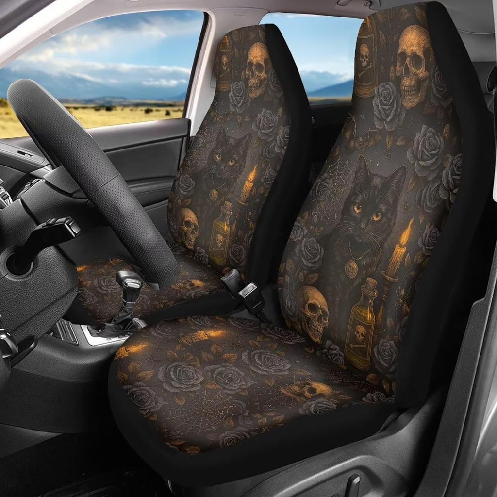 Bulopur Cute Black Gray Skull Set of 2 Car Seat Covers Universal Auto Front Seats Protector Fits for Car,SUV Sedan,Truck