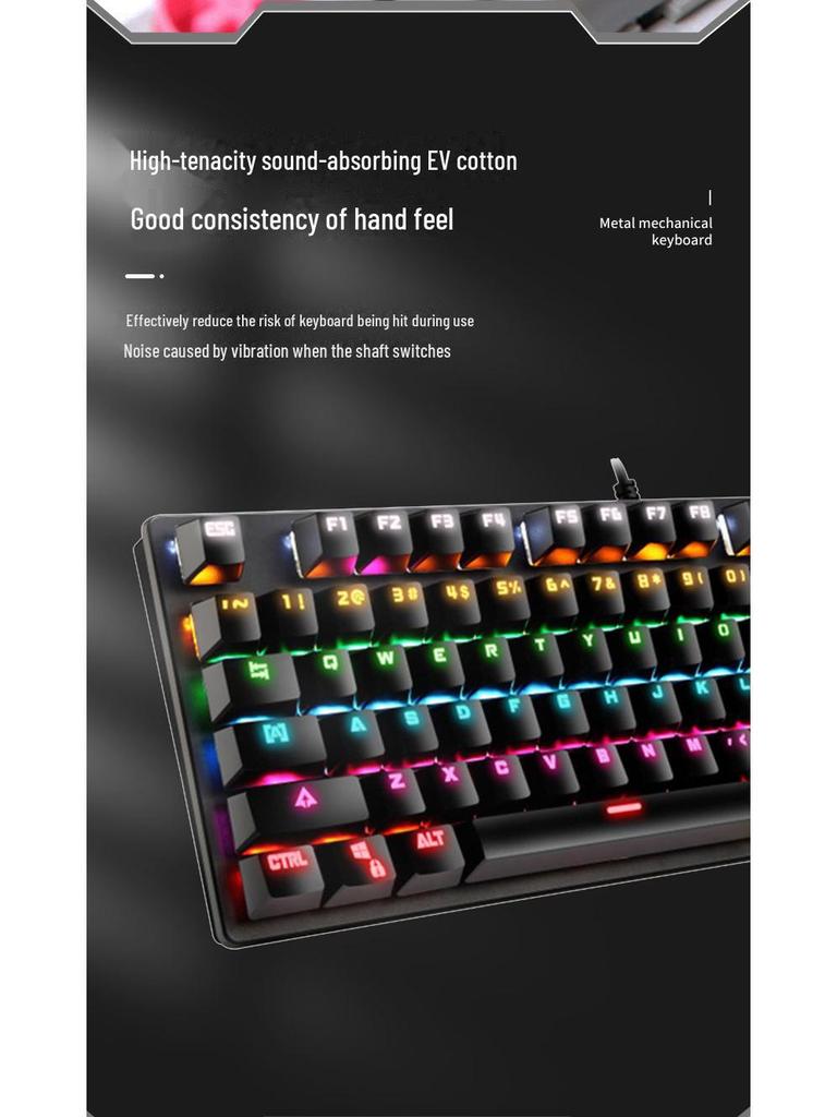 Tastatură mecanică de gaming cu fir USB, cu 87 de taste și comutatoare albastre