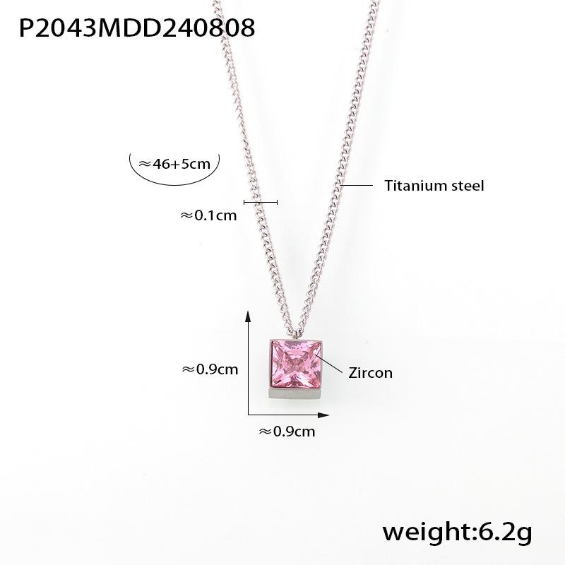Geometric Square Pink Zircon Pendant Necklace - Women s Titanium Steel Clavicle Chain