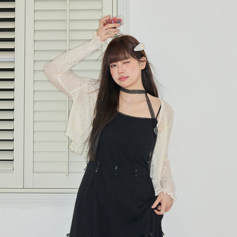 

Spring Trendy Style Plus-Size Women s Clothing for Slightly Chubby Women, Slimming Dress, Korean Chic Style, Spaghetti Strap Little Black Dress Cardigan M