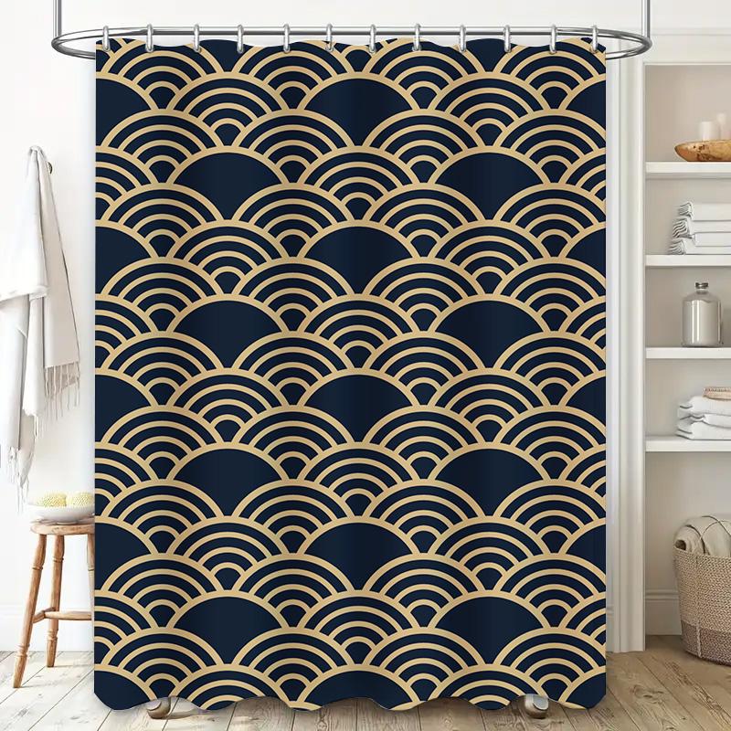 Modern Retro Waves Bath Curtain Elegant Navy Gold Shower Fabric Decor for Bathroom Accessories Polyester Waterproof Home Decorat