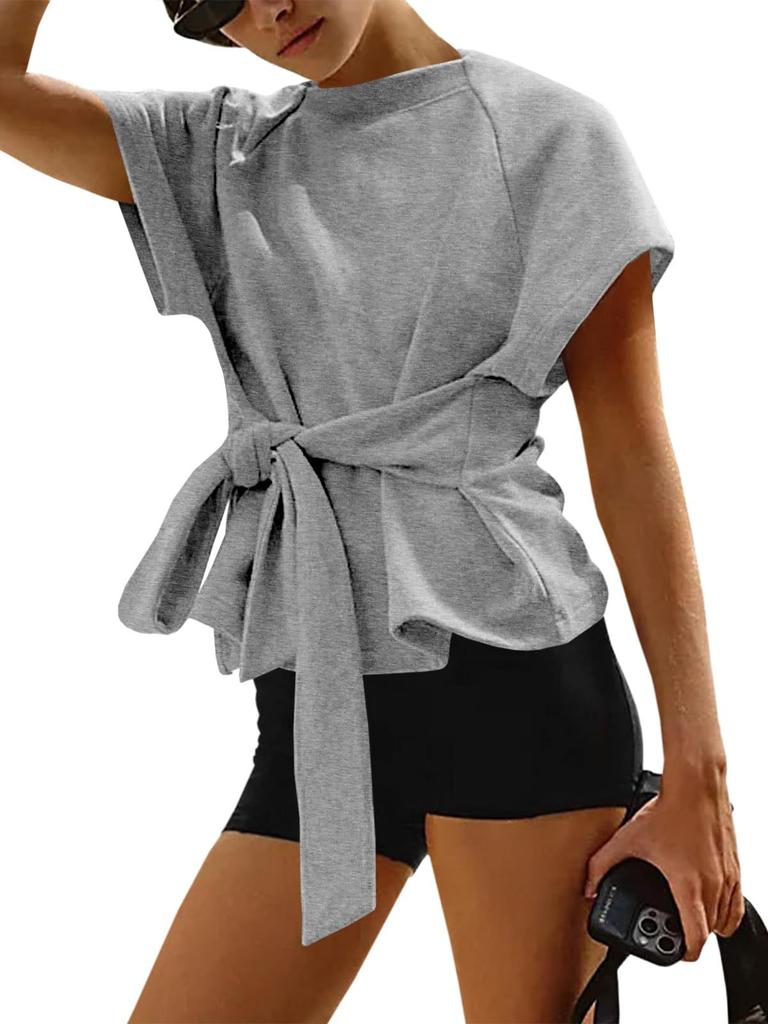 Women European Style Loose Round Neck Waist Tie Bow Short Sleeve Casual Top
