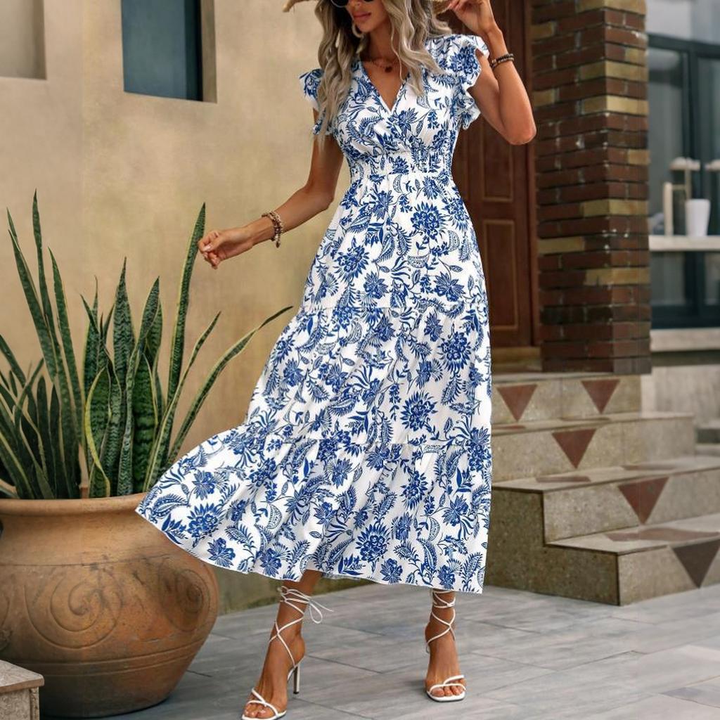 Bohemian Style Women's Summer V Neck Waist Cinched Floral Print Maxi Dress with Short Sleeves and Ruffled Hem for Casual Wear