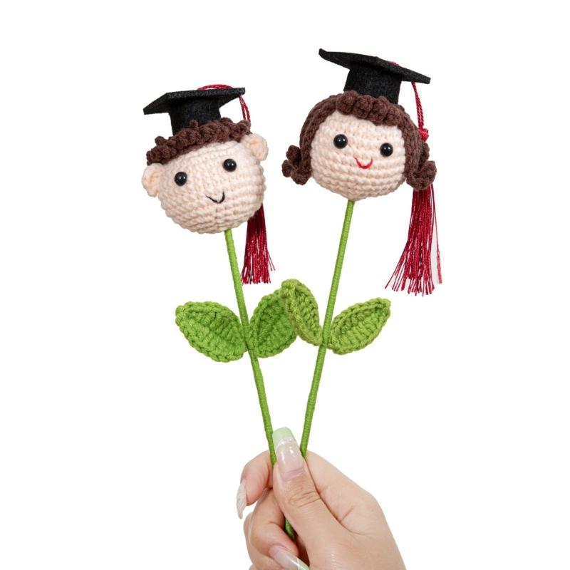 Soft Yarn Crochet Boy/Girl/Dog Flower Bouquet with Graduation Hat Academic Achievement Gift for Students and Teachers