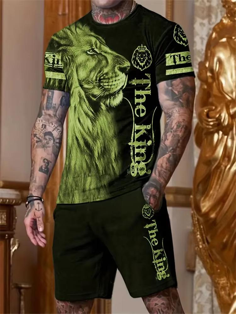 3D Printed Lion Round Neck Short Sleeve Suit - Trendy Brand