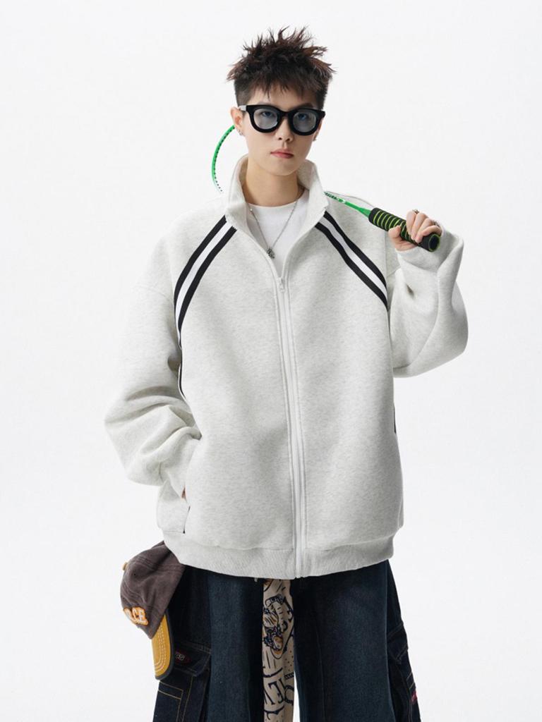 Men's Winter Patchwork Stand Collar Hoodie - Trendy Striped Casual Jacket