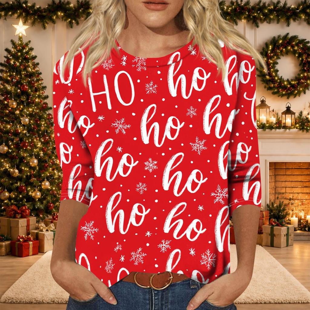 Women's Casual 3/4 Sleeve Neck Christmas Print Top with Festive Holiday Design