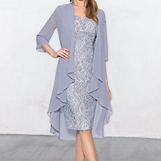 2 Pcs/Set Women Cardigan Dress Set Lace Floral Embroidery O Neck Slim Fit Midi Dress Irregular Three Quarter Sleeve Mid
