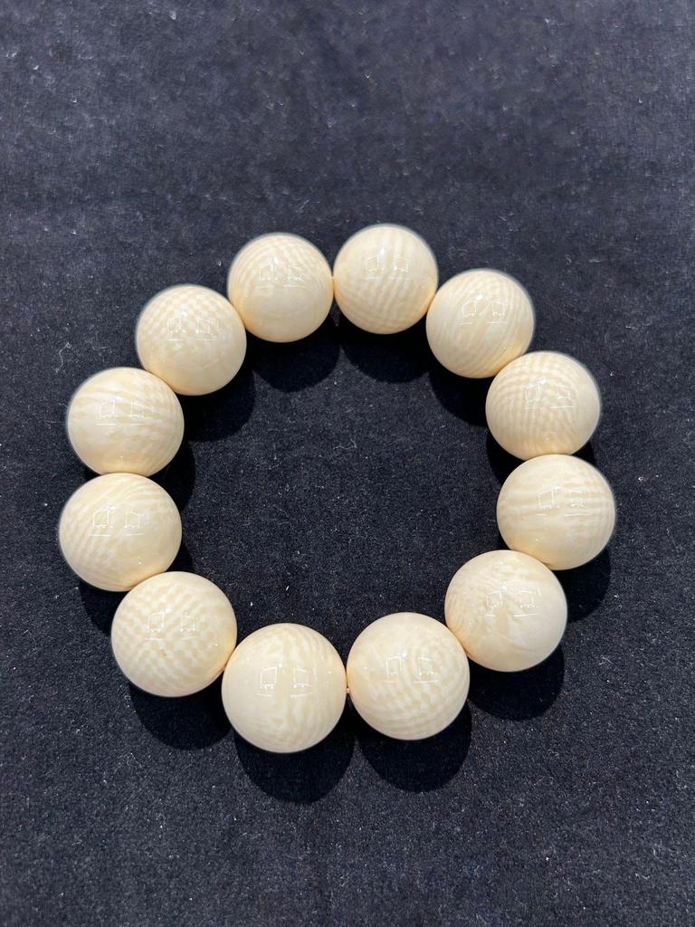 Erkek Budist Tesbih Bileklik - Izgara Desenli Taklit Mamut Fildişi, Tek Tur, Edebi El Sanatı