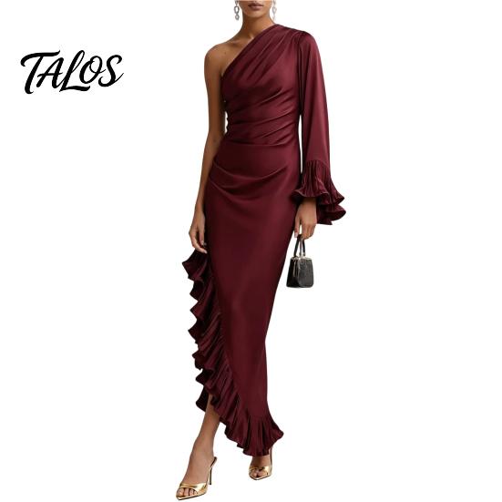 Talos Women's One Shoulder Asymmetric Ruffle Satin Dress, Formal Evening Party Gown, Long Sleeve Ruched Bridesmaid Dress