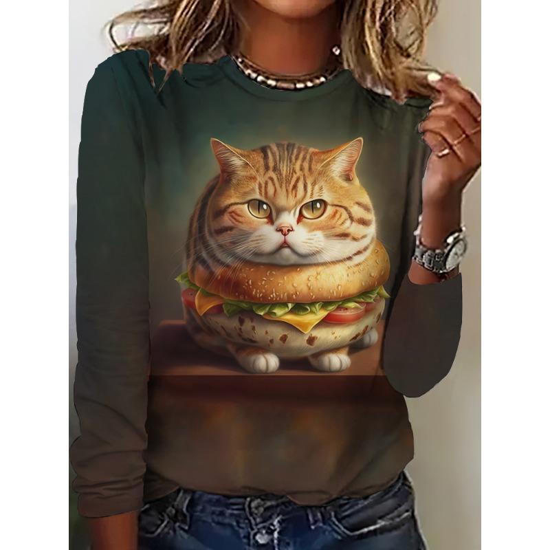 Women's Long Sleeve T-Shirt Cute Cat Pattern 3D Print Autumn Street Casual Fall Round Neck Oversized Clothing Outdoor T Shirts