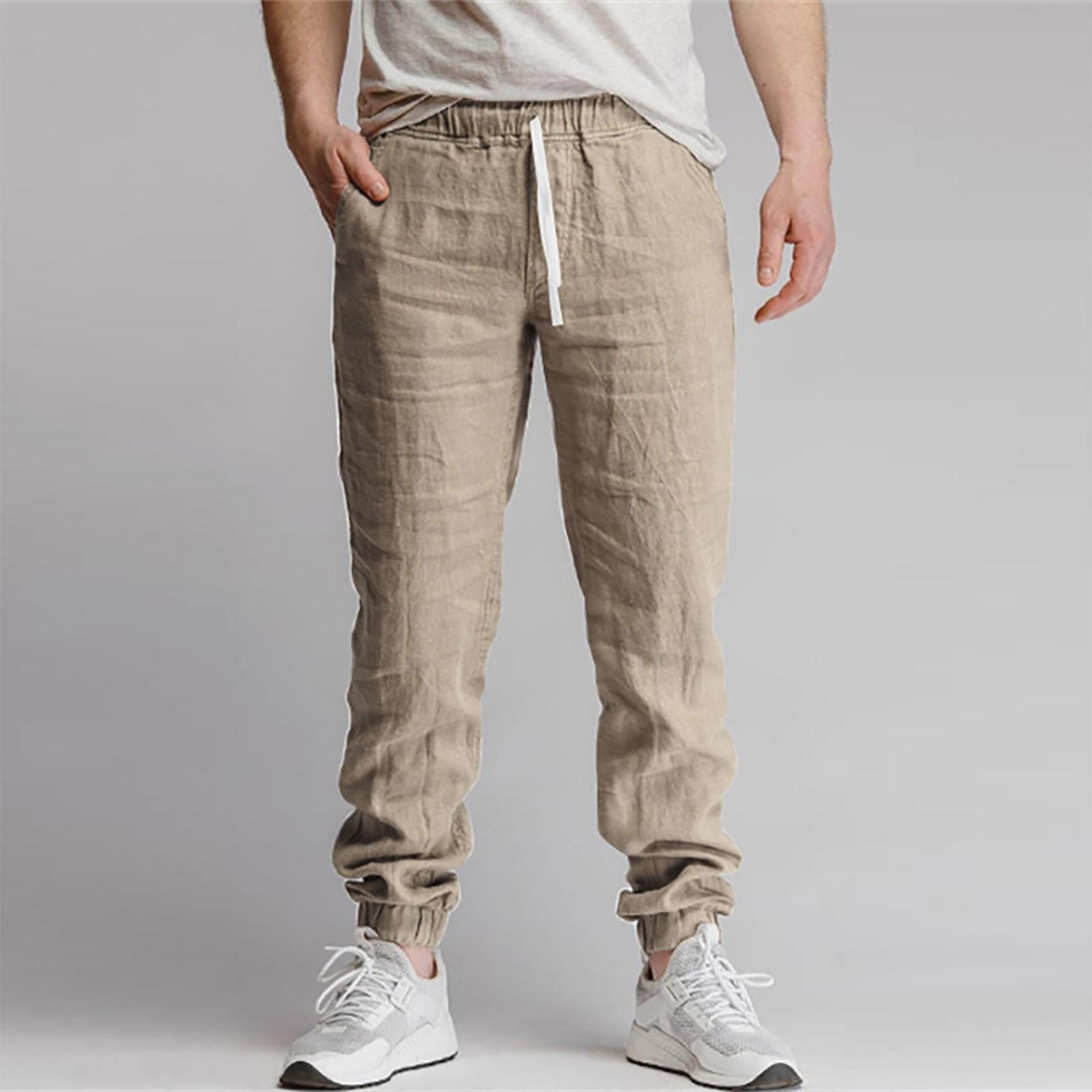 

Новые мужские однотонные спортивные повседневные дышащие брюки из хлопка и льна со шнурком L хаки